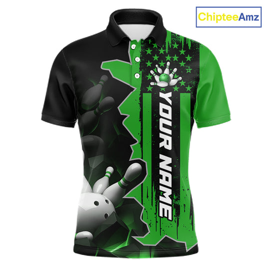 Men's custom bowling tournament polo shirt – personalized team bowling jersey green front view