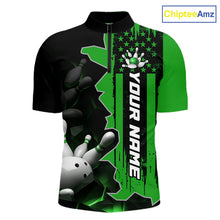 Load image into Gallery viewer, Men's 1/4 zip bowling tournament shirt – personalized team bowling jersey green front view