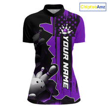 Load image into Gallery viewer, Women's 1/4 zip bowling tournament shirt – personalized team bowling jersey purple front view