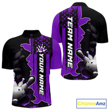 Load image into Gallery viewer, Men's purple 1/4 zip bowling tournament shirt – lightweight breathable personalized team bowling jersey