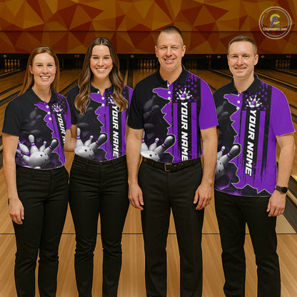 Women's Custom Bowling Tournament Polo Shirt & 1/4 Zip – Personalized Team Bowling Jersey| Purple NHT1198
