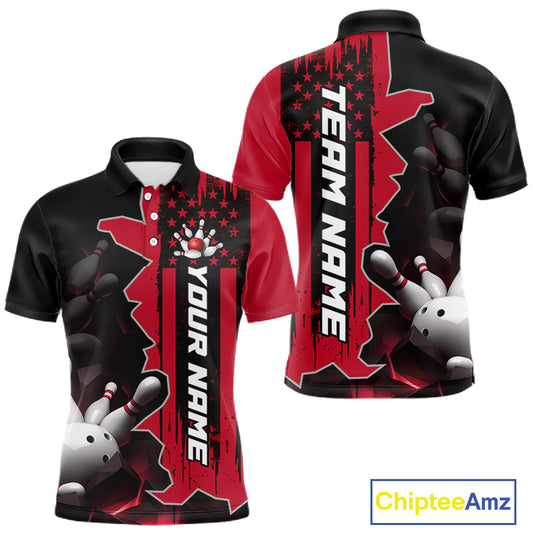 Men's custom bowling tournament polo shirt – red personalized team bowling jersey close-up