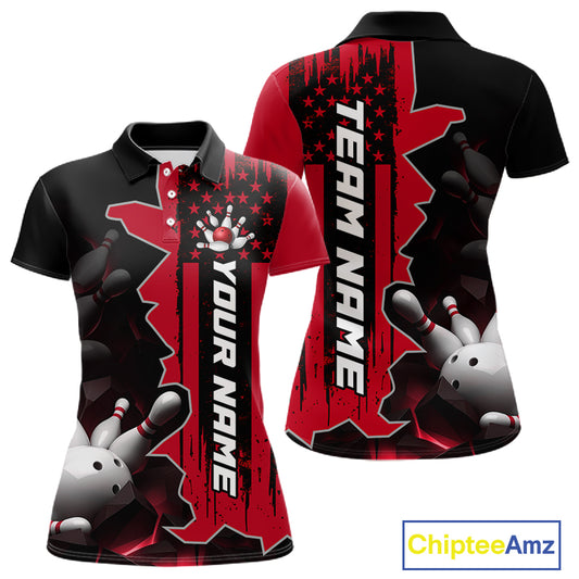 Women's custom bowling tournament polo shirt – red personalized team bowling jersey close-up