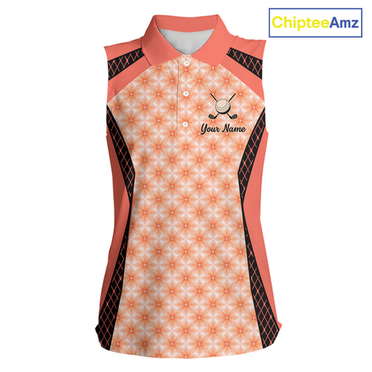 Custom Womens Sleeveless Coral Golf Polo, Personalized Geometric Pattern Golf Shirt With Name, Pink Golf Jersey NHT701