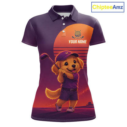 Personalized Golden Retriever Dog Golf Shirt - Retro Sunset Womens Golf Polo Shirt