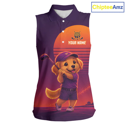 Personalized Golden Retriever Dog Golf Shirt - Retro Sunset Womens Sleeveless Golf Polo Shirt 