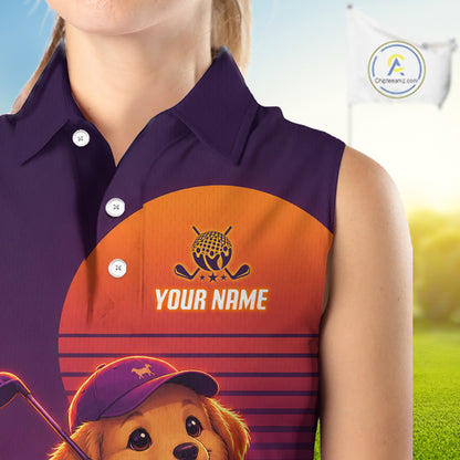 Personalized Golden Retriever Dog Golf Shirt - Retro Sunset Womens Sleeveless Golf Polo Shirt 