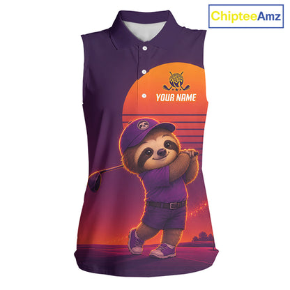 Personalized Sloth Golf Shirt - Retro Sunset Womens Sleeeveless Golf Polo Shirt 