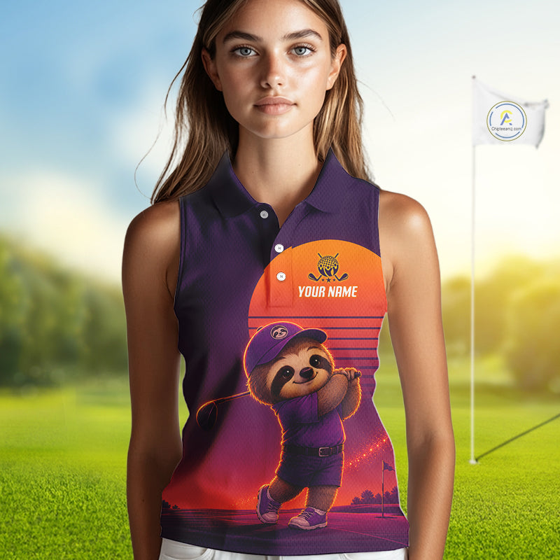 Personalized Sloth Golf Shirt - Retro Sunset Womens Sleeeveless Golf Polo Shirt 