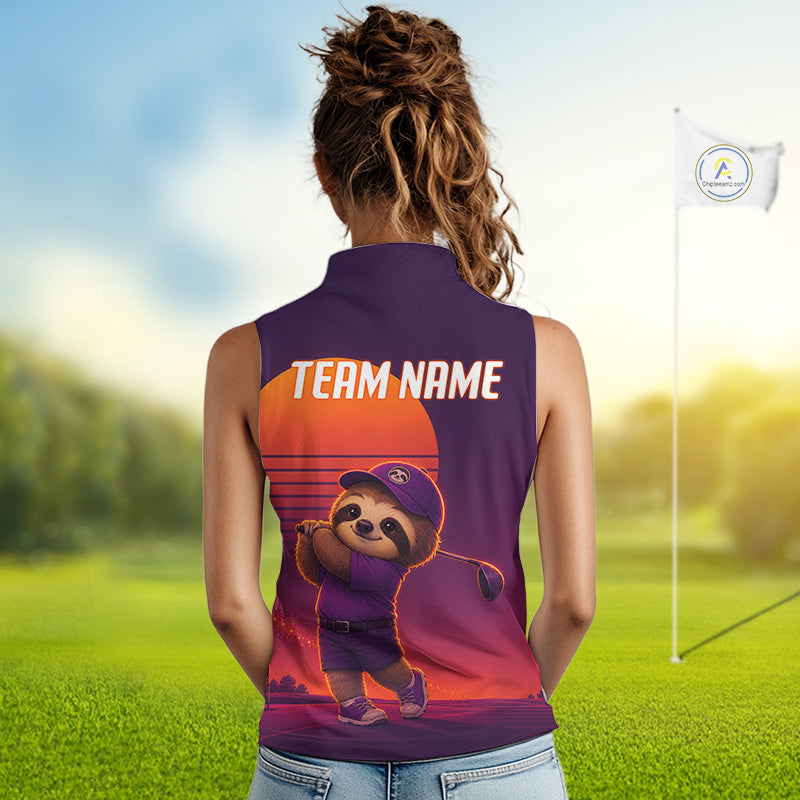Personalized Sloth Golf Shirt - Retro Sunset Womens Sleeeveless Golf Polo Shirt 