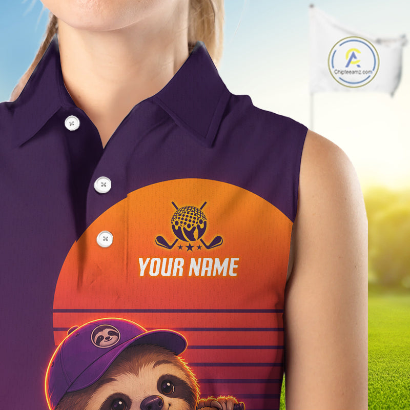 Personalized Sloth Golf Shirt - Retro Sunset Womens Sleeeveless Golf Polo Shirt 