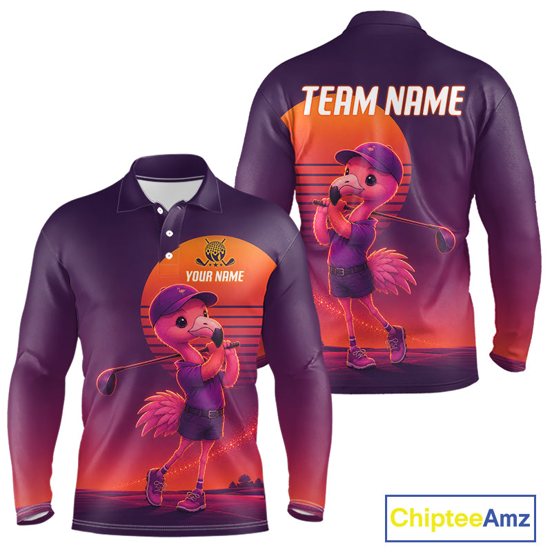 Personalized Flamingo Golf Shirt - Retro Sunset Golf Polo Shirt For Men NHT1039