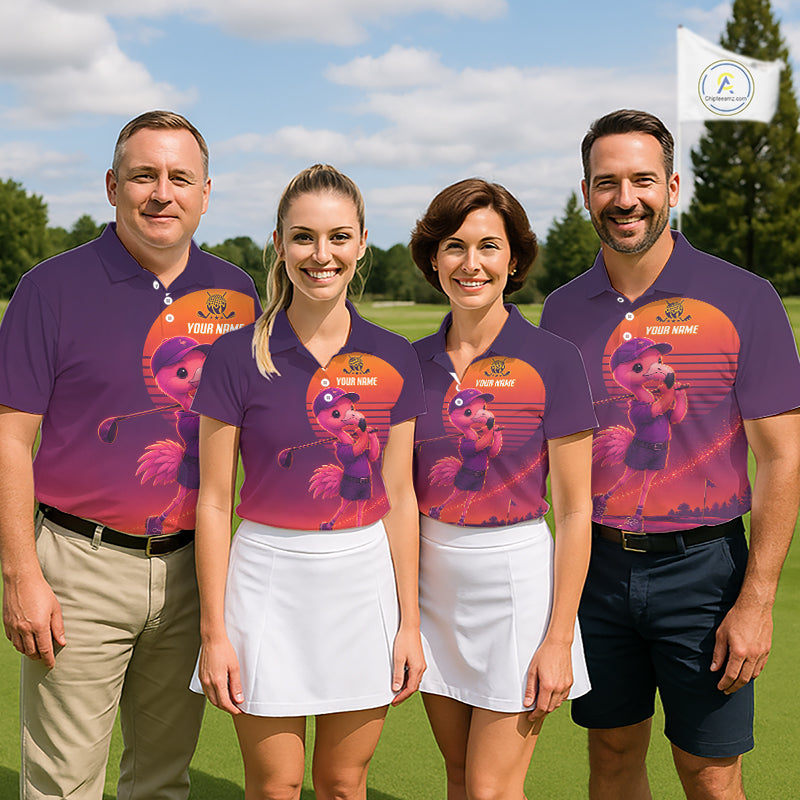 Personalized Flamingo Golf Shirt - Retro Sunset Womens Golf Polo Shirt NHT1039
