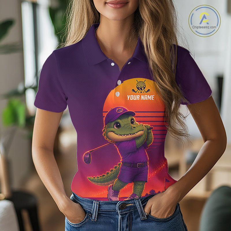 Personalized Alligator Golf Shirt - Retro Sunset Womens Golf Polo Shirt 
