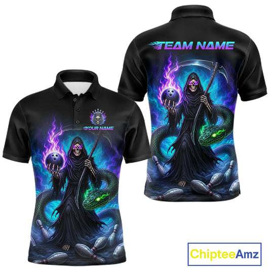 Men's custom bowling jersey with Grim Reaper design – short sleeve polo close-up