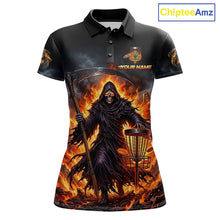 Load image into Gallery viewer, Personalized womens disc golf polo shirt, flaming grim reaper death graphic 3D printed jersey, front view.