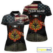 Load image into Gallery viewer, Womens disc golf polo shirt with USA flag design, custom name and number, athletic tournament jersey.