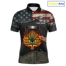 Load image into Gallery viewer, Custom name USA flag disc golf tournament shirt for men, fire basket sports apparel, front view
