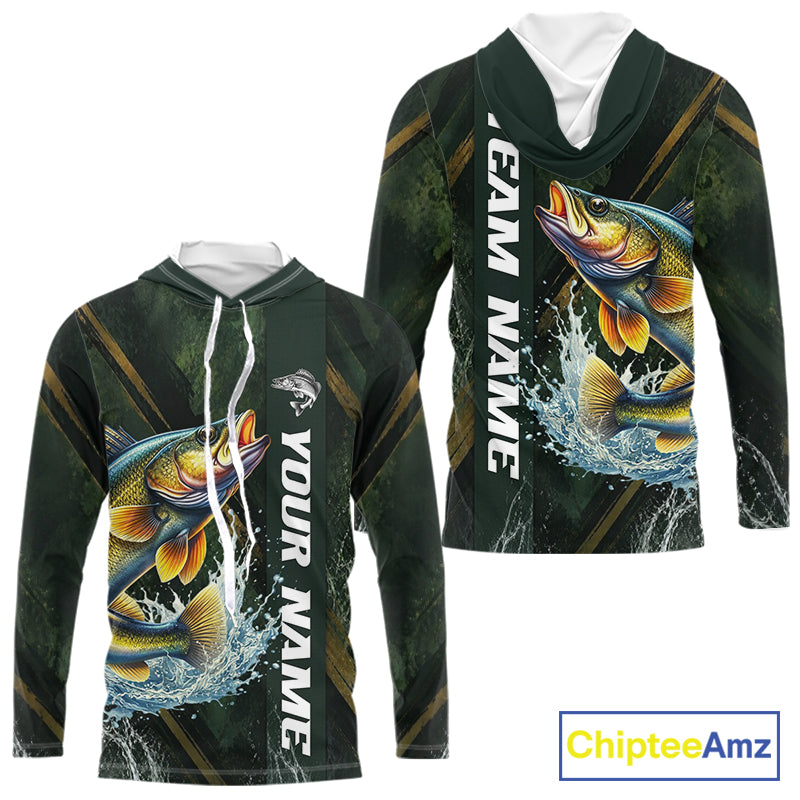 Personalized Hooded Walleye Fishing Jersey – Green Angler Shirt Custom Name, Fishing Gift For Men NHT876