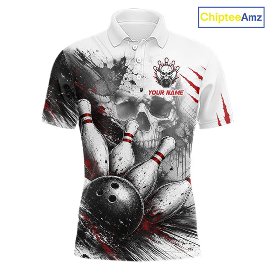 A white short-sleeve polo shirt with a bold bowling-themed graphic print featuring a skull, bowling pins, a bowling ball, and red paint splatters. The shirt includes a custom name placeholder and a skull crest on the chest.