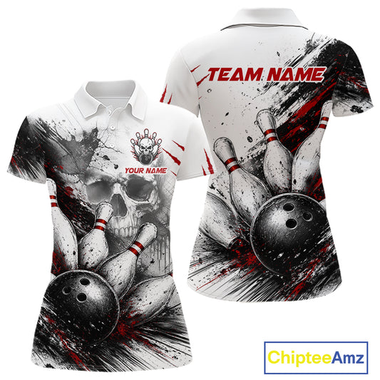 Front and back views of a custom short-sleeve polo shirt featuring a black and white bowling theme with red accents, including bowling pins, balls, and a skull graphic. The shirt includes customizable text placeholders 'YOUR NAME' and 'TEAM NAME'.