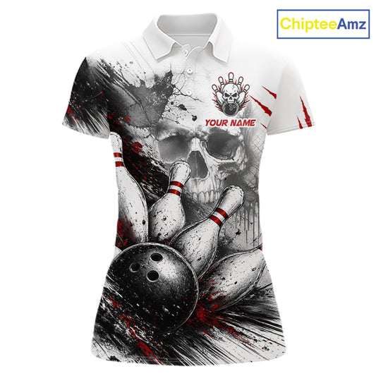 A women's short-sleeve polo shirt with a white base and a bold all-over bowling-themed graphic in black, gray, and red. The design features a skull, bowling pins, a bowling ball, and distressed paint splatter effects.