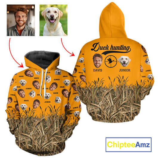 Custom Duck Hunting Shirt – Hunter & Dog Face and Name, Funny Personalized Gift NHT291