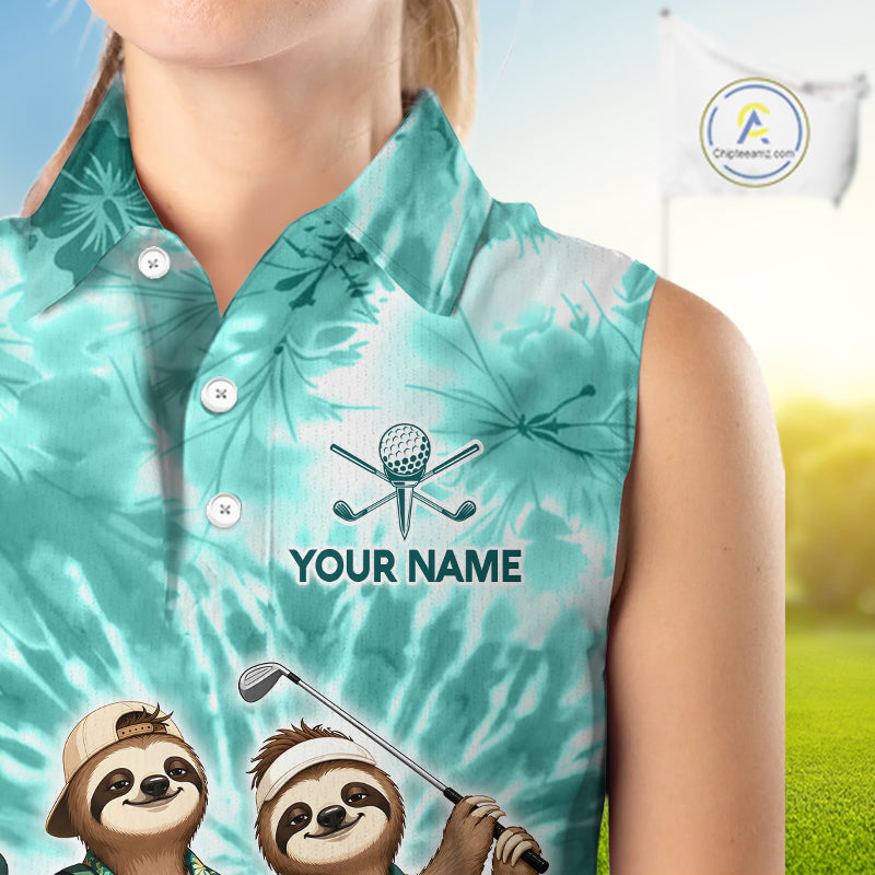 Funny Sloth Sleeveless Womens Golf Polo Shirt  –  Blue Tie Dye Custom Name Golf Shirt, Golf Gift NHT880