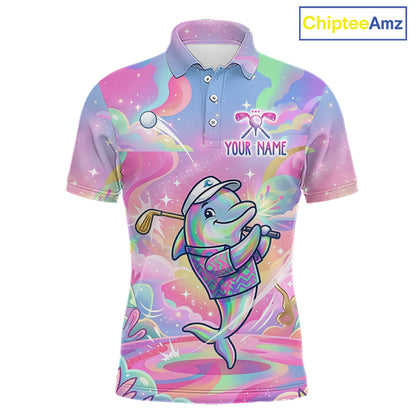 Funny Pastel Dolphin Mens Golf Polo Shirt Custom Ocean Golf Shirt, Polo Gift For Golf Lovers NHT897