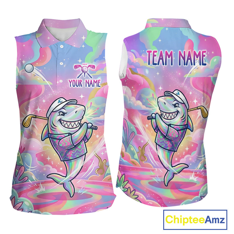 Funny Pastel Shark Womens Sleeveless Golf Polo Shirt Custom Ocean Golf Shirt, Polo Gift For Golf Lovers NHT898
