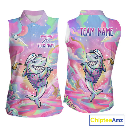 Funny Pastel Shark Womens Sleeveless Golf Polo Shirt Custom Ocean Golf Shirt, Polo Gift For Golf Lovers NHT898