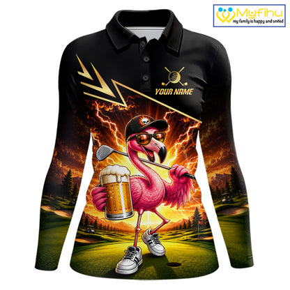 Funny Flamingo Womens Golf Polo Shirts Custom Golf And Beer Golf Apparel For Golfer NHT900