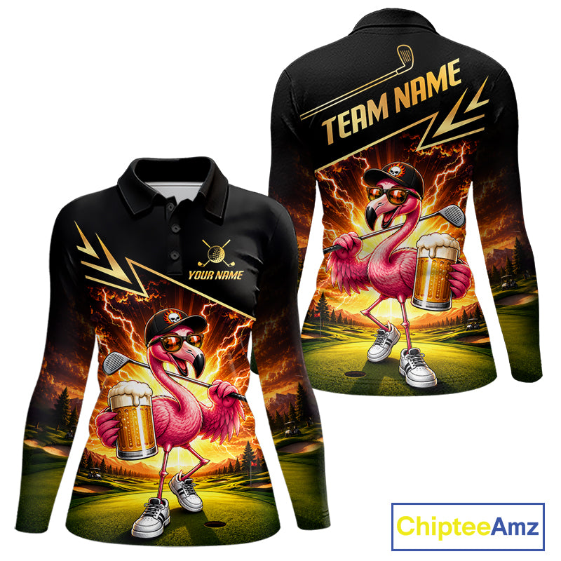 Funny Flamingo Womens Golf Polo Shirts Custom Golf And Beer Golf Apparel For Golfer NHT900