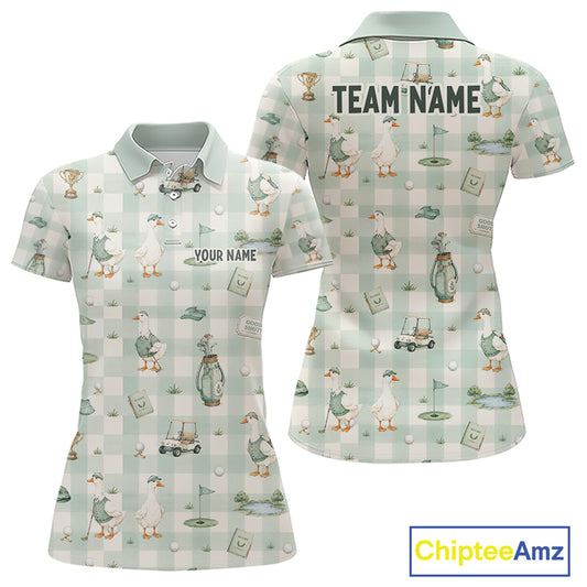 Front and back views of a short-sleeve polo shirt featuring a golf-themed cartoon duck print on a pale green and white gingham background. The front has placeholder text 'YOUR NAME' and 'TEAM NAME' on the back, with a 'ChipteeAmz' logo in the bottom right corner.