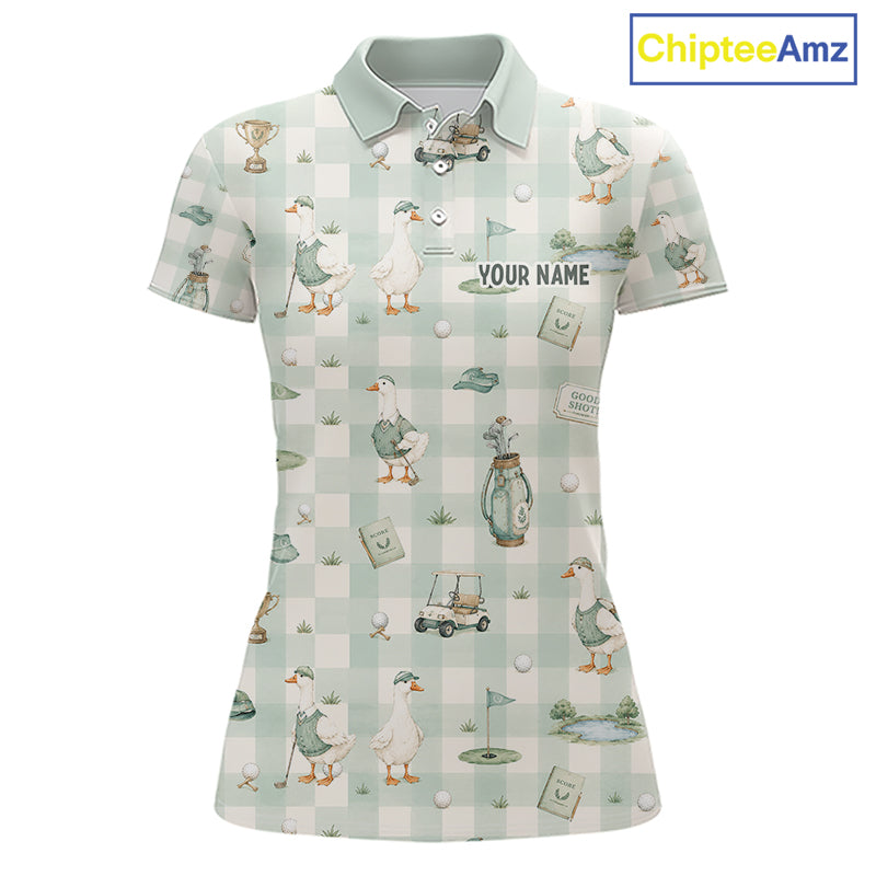 Personalized Goose Golf Polo Shirt Custom Name Team Shirt Green Plaid Womens Golf Lover Gift NHT1218