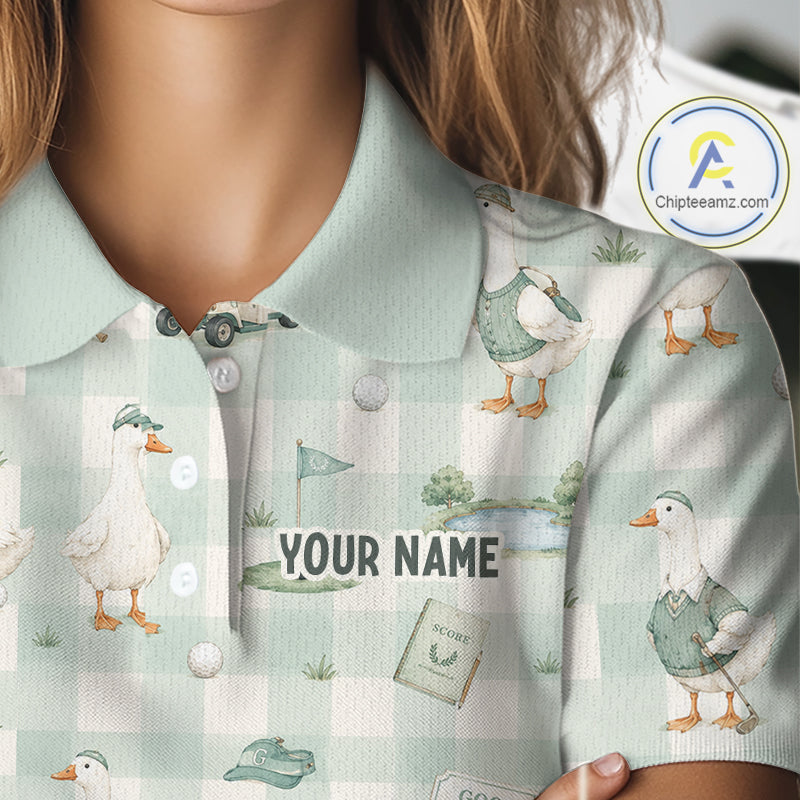 Personalized Goose Golf Polo Shirt Custom Name Team Shirt Green Plaid Womens Golf Lover Gift NHT1218