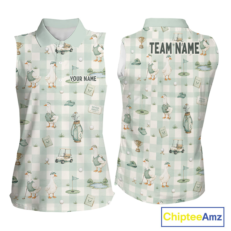 Front and back views of a sleeveless collared polo shirt with a golf-themed print featuring ducks, golf carts, clubs, and checkered pattern on a white and pale green background. The front has placeholder text 'YOUR NAME', and the back has 'TEAM NAME'.