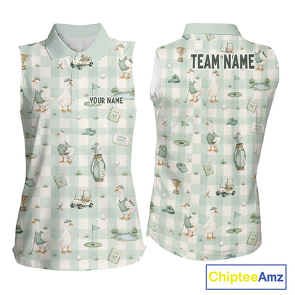 Front and back views of a sleeveless collared polo shirt with a golf-themed print featuring ducks, golf carts, clubs, and checkered pattern on a white and pale green background. The front has placeholder text 'YOUR NAME', and the back has 'TEAM NAME'.