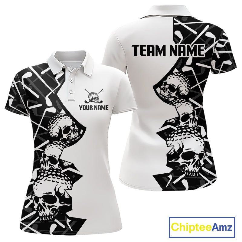 Custom Skull Womens Golf Polo Shirt Personalized Name, Golf Team Polo Jersey| Black 