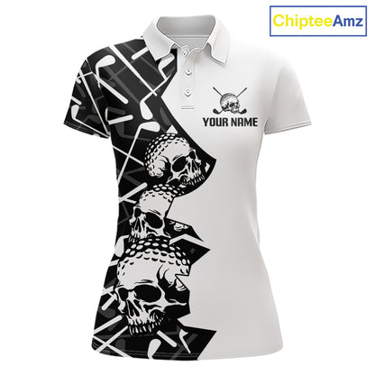 Custom Skull Womens Golf Polo Shirt Personalized Name, Golf Team Polo Jersey| Black 