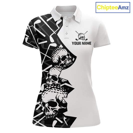 Custom Skull Womens Golf Polo Shirt Personalized Name, Golf Team Polo Jersey| Black 