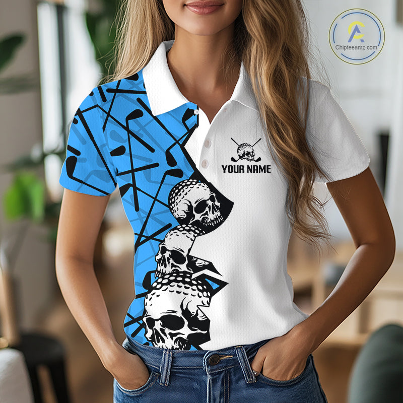 Custom Skull Womens Golf Polo Shirt Personalized Name, Golf Team Polo Jersey| Blue 