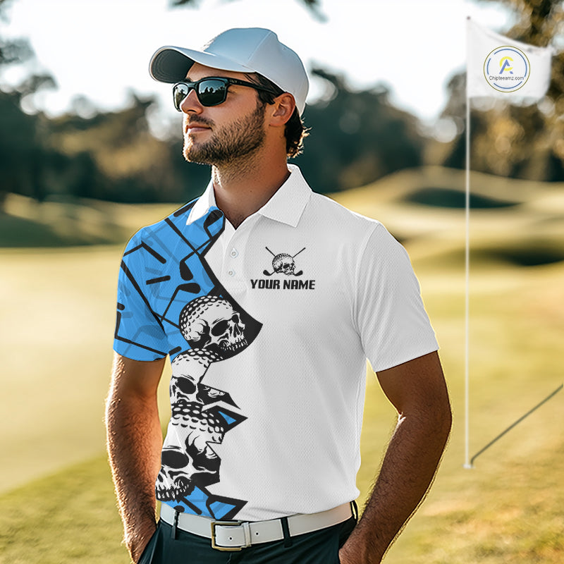 Custom Skull Mens Golf Polo Shirt Personalized Name, Golf Team Polo Jersey| Blue