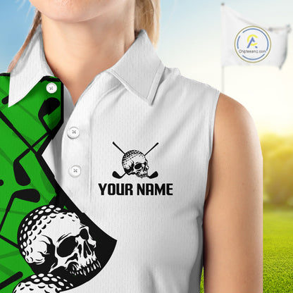 Custom Skull Womens Sleeveless Golf Polo Shirt Personalized Name, Golf Team Polo Jersey| Green 