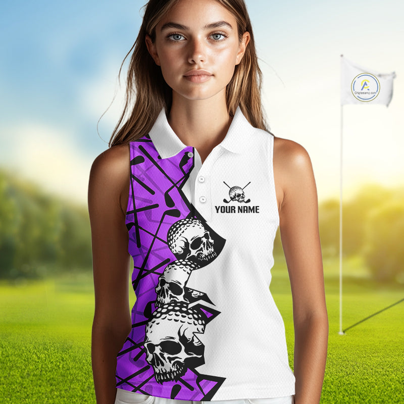 Custom Skull Womens Sleeveless Golf Polo Shirt Personalized Name, Golf Team Polo Jersey| Purple 