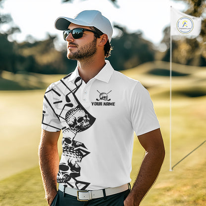 Custom Skull Mens Golf Polo Shirt Personalized Name, Golf Team Polo Jersey| White 