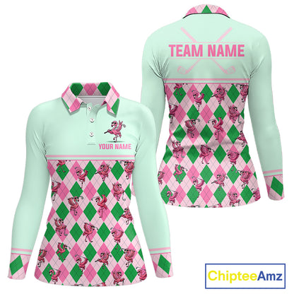 Personalized Pink Argyle Womens Golf Polo Custom Name Flamingo Golf Shirt Mint Green Preppy Team Outfits NHT1227