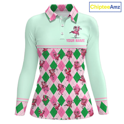 Personalized Pink Argyle Womens Golf Polo Custom Name Flamingo Golf Shirt Mint Green Preppy Team Outfits NHT1227