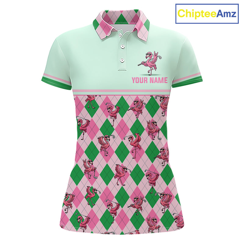 Personalized Pink Argyle Womens Golf Polo Custom Name Flamingo Golf Shirt Mint Green Preppy Team Outfits NHT1227