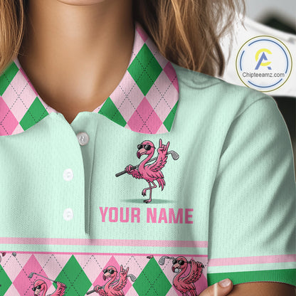 Personalized Pink Argyle Womens Golf Polo Custom Name Flamingo Golf Shirt Mint Green Preppy Team Outfits NHT1227